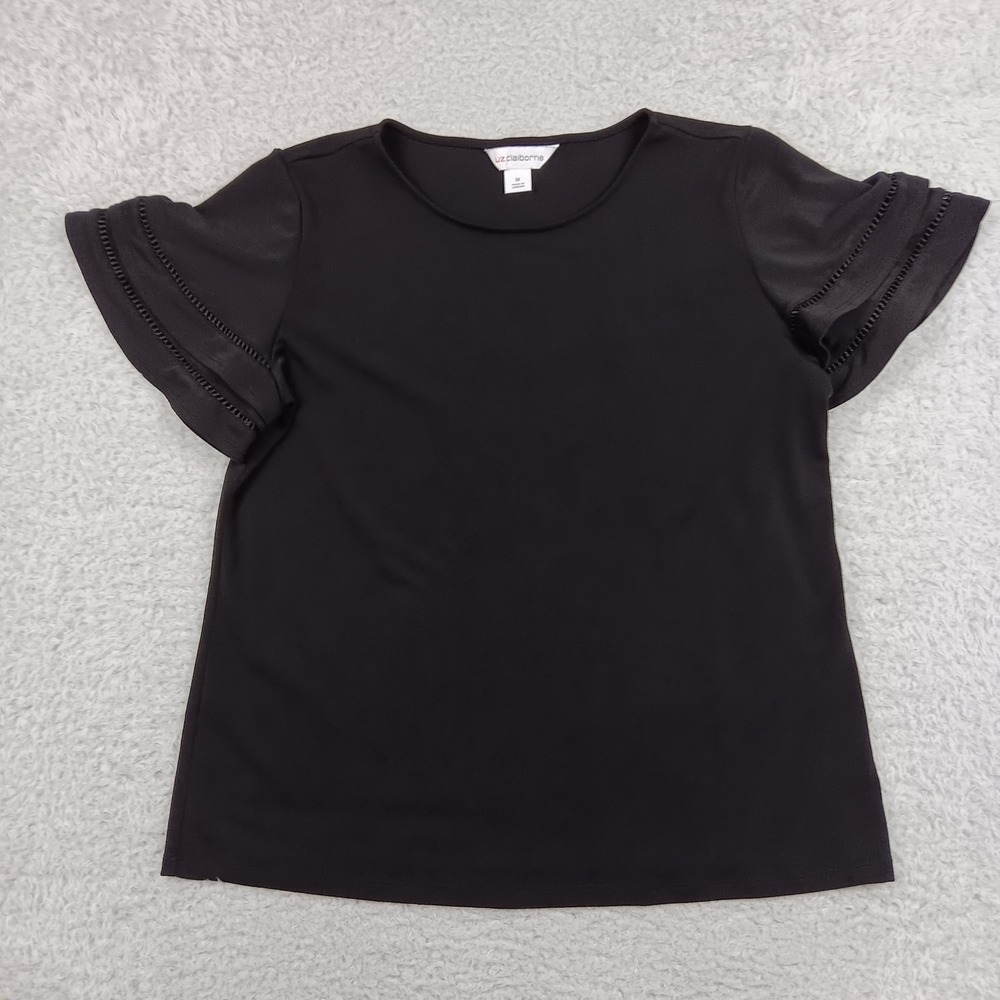 Liz Claiborne Blouse Flutter Sleeve Woman M Black Ladder Lace Trim 76604-a